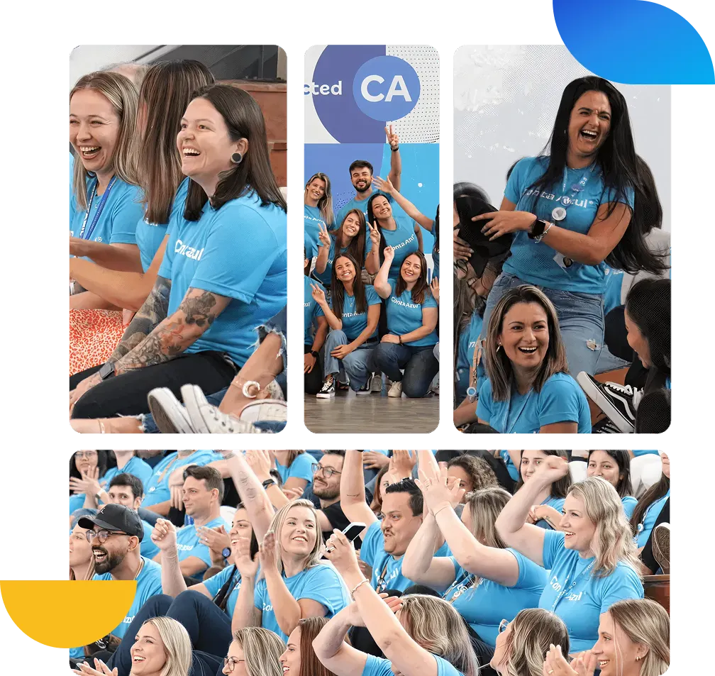 Grupo de pessoas sorrindo e comemorando em equipe, usando camisetas azuis com o logo da Conta Azul. Ambiente animado e de confraternização.