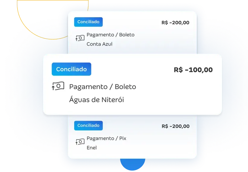 Ilustração com cartões de status de conciliação mostrando pagamentos com boleto e Pix.
