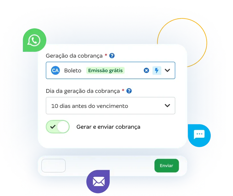 Tela de configuração de geração de cobrança: seleção de boleto com opção de emissão grátis, escolha do dia de geração (10 dias antes do vencimento) e botão para gerar e enviar cobrança.