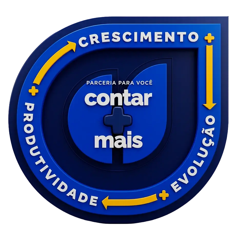 Ícone azul com o texto “Crescimento” e “Parceria para você contar o mais”, com seta circular amarela e símbolo de destaque no centro, sugerindo progresso contínuo.
